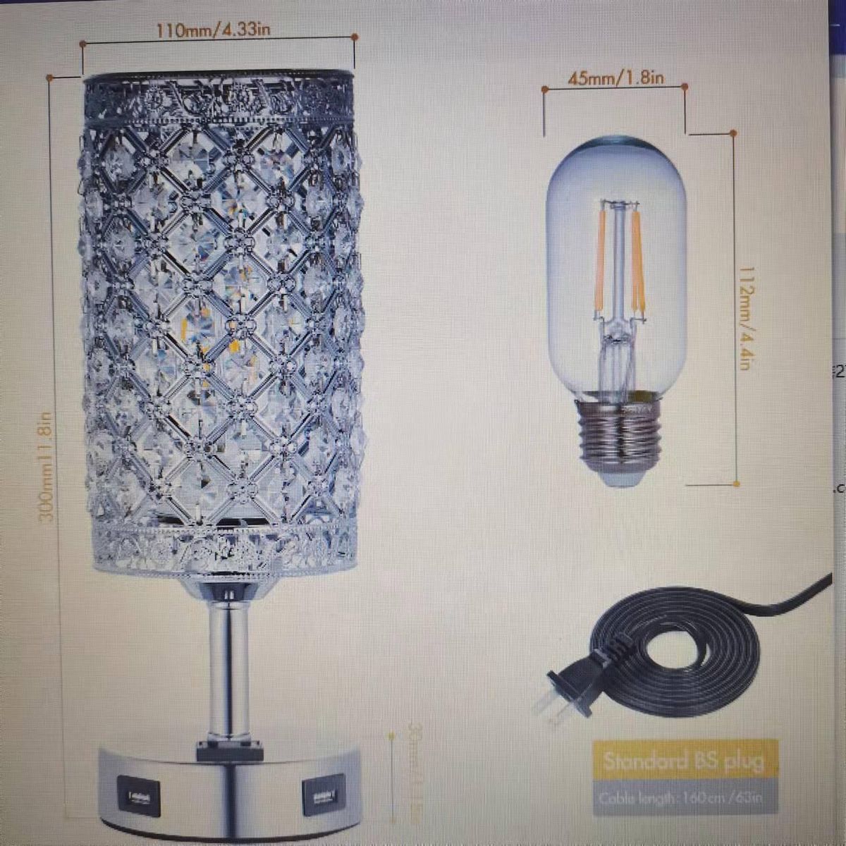 Tomshing Crystal Table Light with Socket and Dual USB Ports