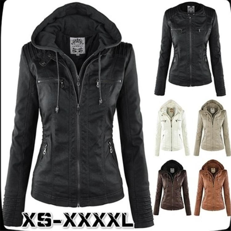 2019 Long sleeved solid color zippered hooded leather jacket, oversized jacket, detachable for women