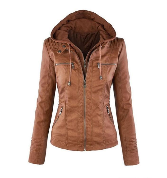 2019 Long sleeved solid color zippered hooded leather jacket, oversized jacket, detachable for women