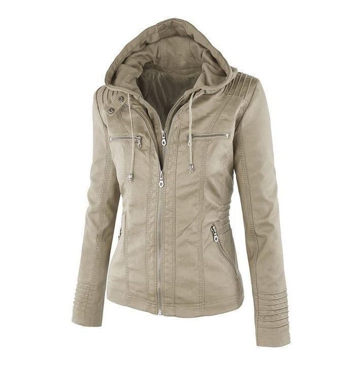 2019 Long sleeved solid color zippered hooded leather jacket, oversized jacket, detachable for women