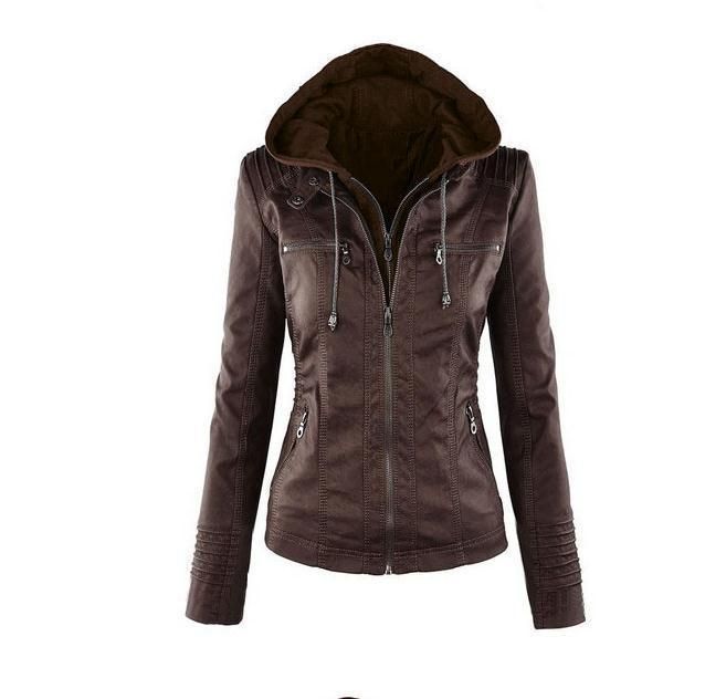 2019 Long sleeved solid color zippered hooded leather jacket, oversized jacket, detachable for women
