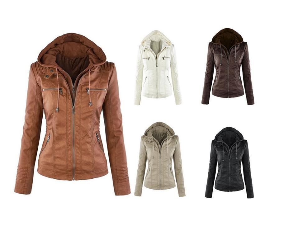 2019 Long sleeved solid color zippered hooded leather jacket, oversized jacket, detachable for women