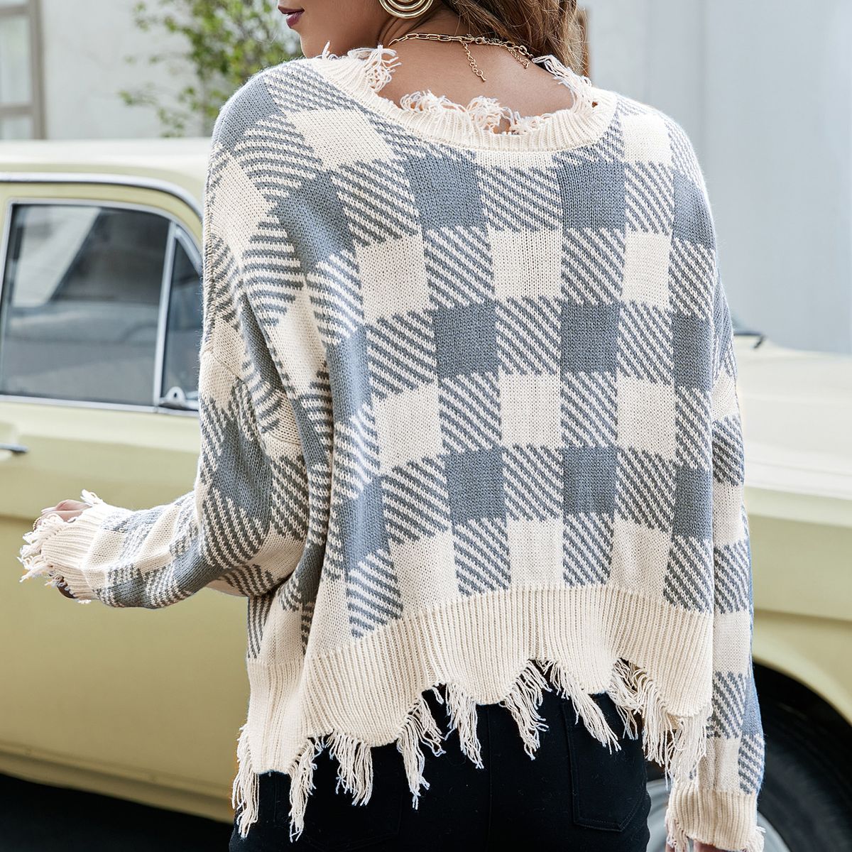 Women Ripped Sweater Plaid V Neck Loose Long Sleeve Knitted