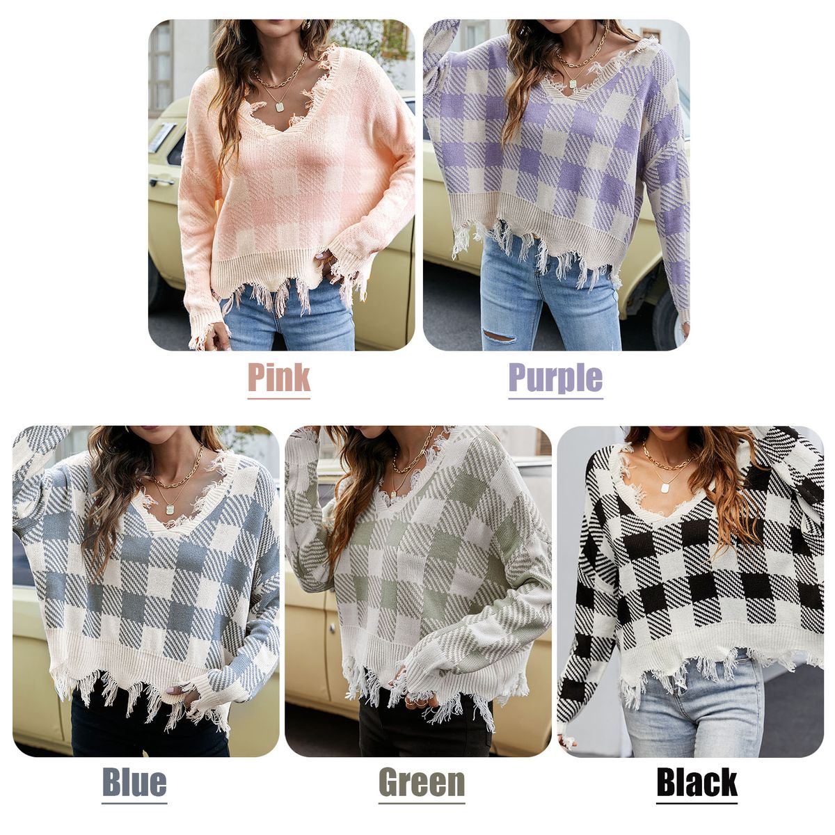 Women Ripped Sweater Plaid V Neck Loose Long Sleeve Knitted