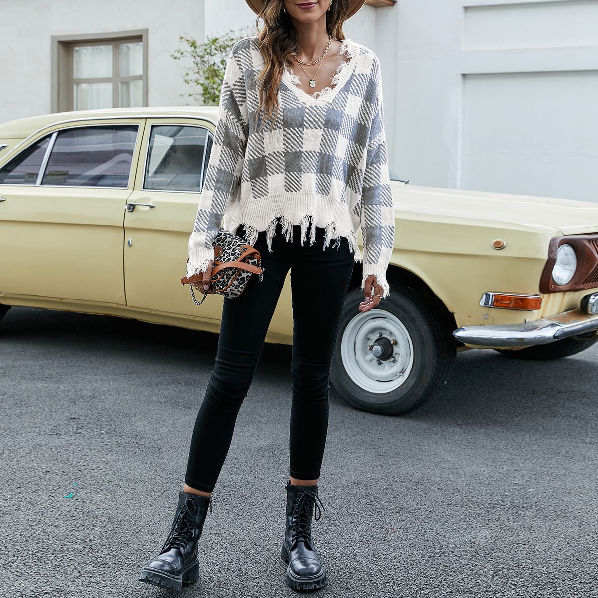 Women Ripped Sweater Plaid V Neck Loose Long Sleeve Knitted