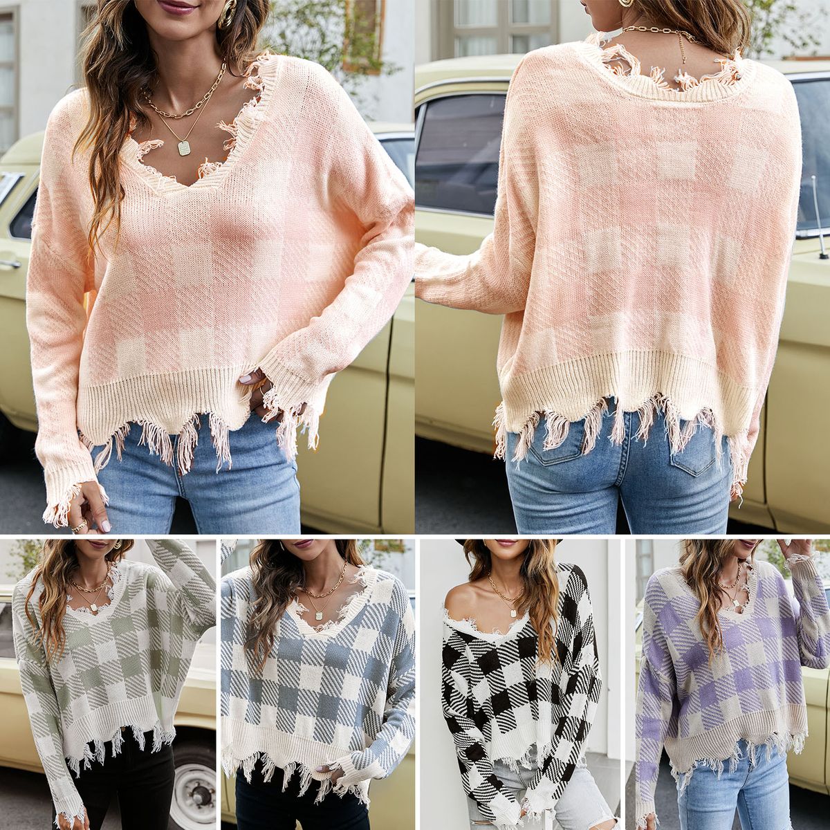 Women Ripped Sweater Plaid V Neck Loose Long Sleeve Knitted