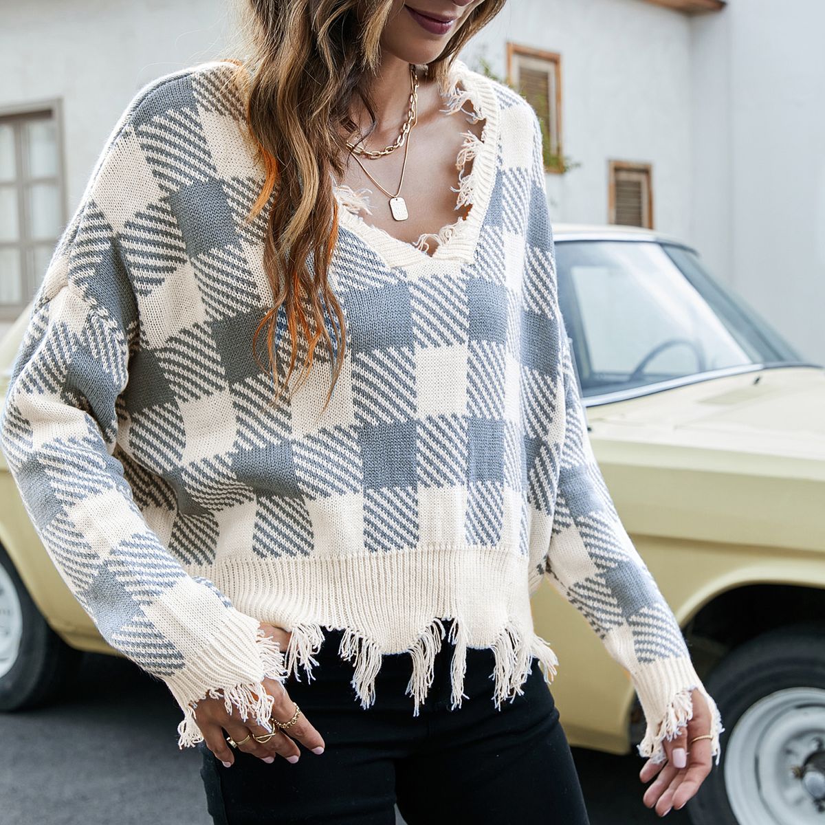 Women Ripped Sweater Plaid V Neck Loose Long Sleeve Knitted
