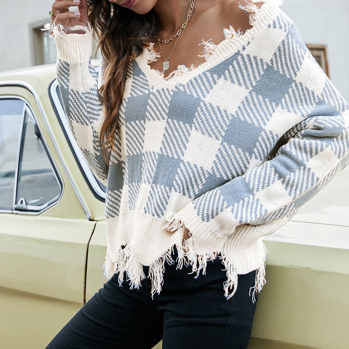 Women Ripped Sweater Plaid V Neck Loose Long Sleeve Knitted
