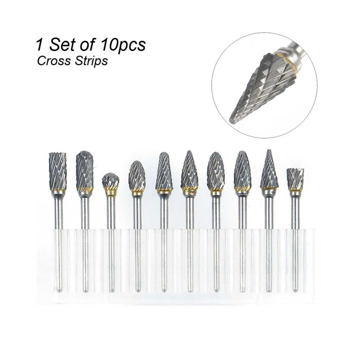 Single Cut Carbide Rotarys Burr Set, 10 Pcs 1/8inch Shanks, 1/4inch Head Length Tungsten Steel for Woodworking,Drilling