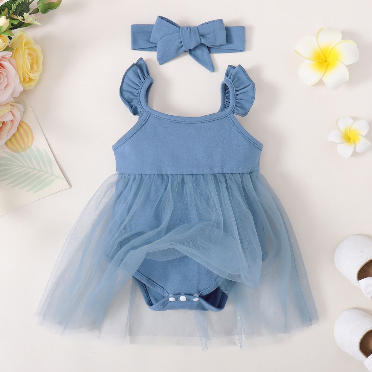 0-18Months Newborn Baby Girl Princess Dress Summer Romper + Headband -Blue