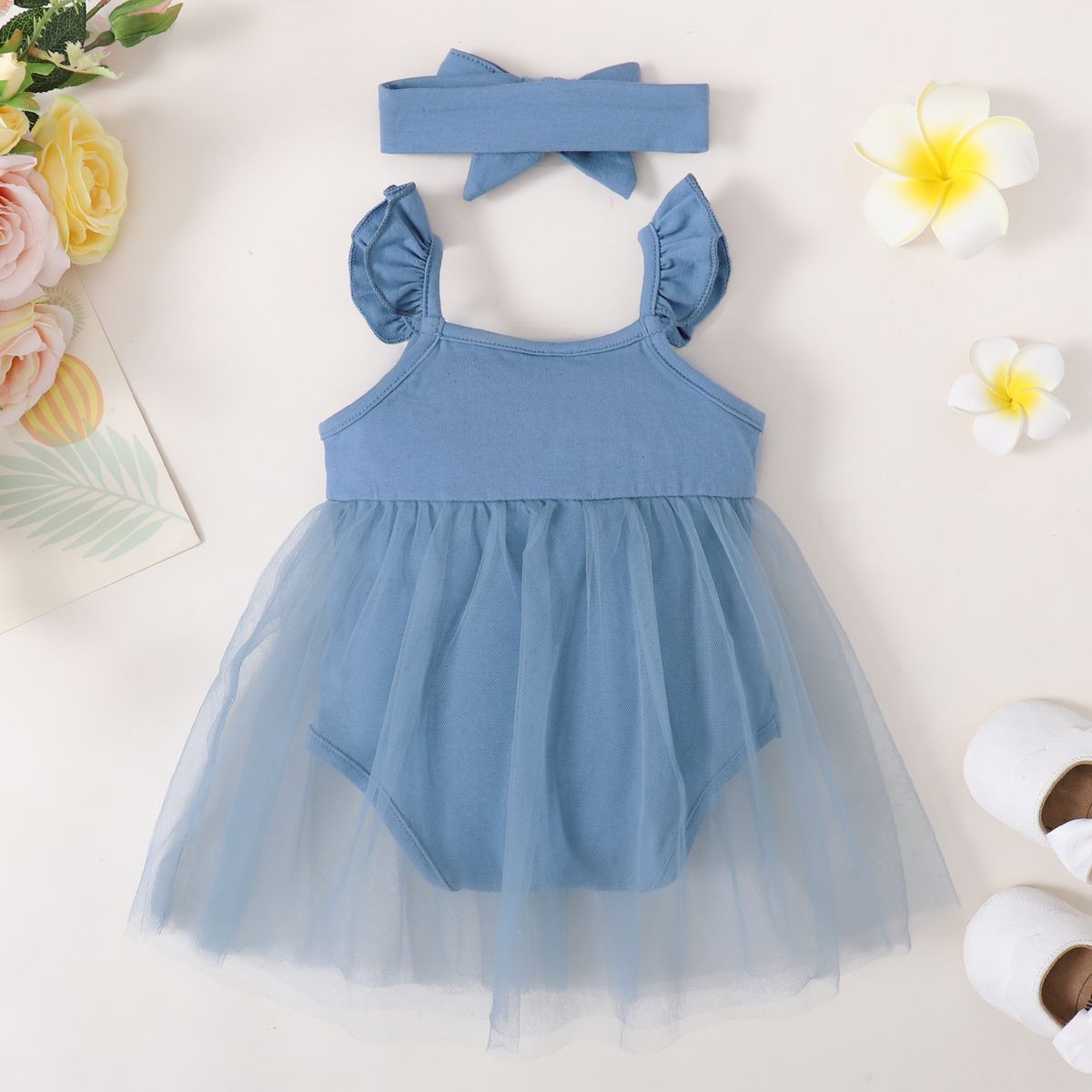 0-18Months Newborn Baby Girl Princess Dress Summer Romper + Headband -Blue