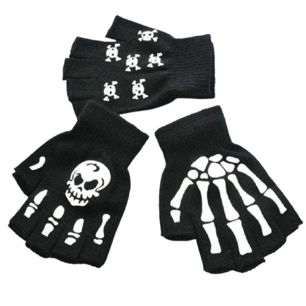 New Punk Gloves UniHalloween Skeleton Skull Half Finger Gloves Glow In The Dark Fingerless Stretch Knitted Winter Mittens Hand Bone Claw