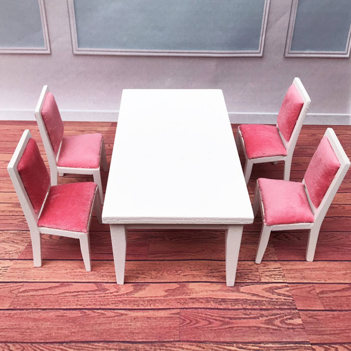 5Pcs 1/12 Dollhouse Dining Table Chair Wooden Set For