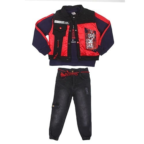 3 In 1 Boys Jeans Trouser With Inner Top And Red Jacket
