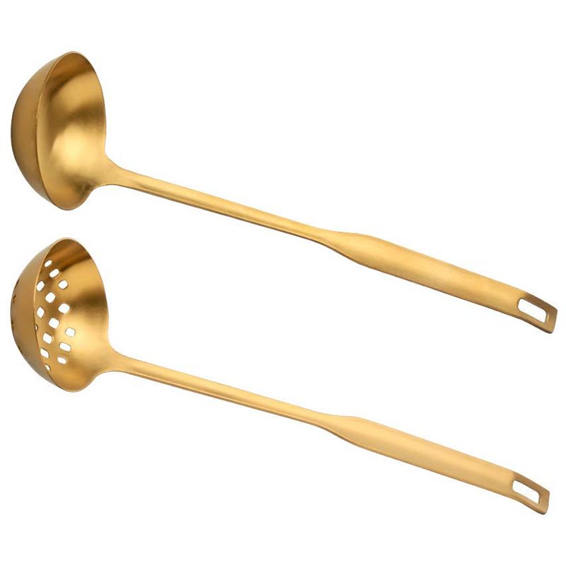 2 Pieces Gold Metal Soup Ladle Colander Set, Long Handle