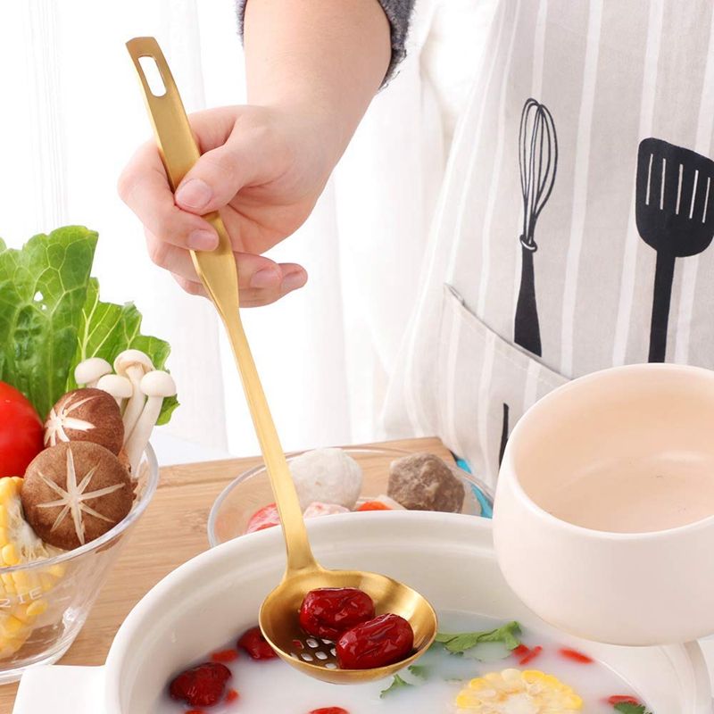 2 Pieces Gold Metal Soup Ladle Colander Set, Long Handle