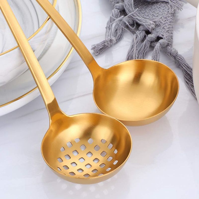 2 Pieces Gold Metal Soup Ladle Colander Set, Long Handle