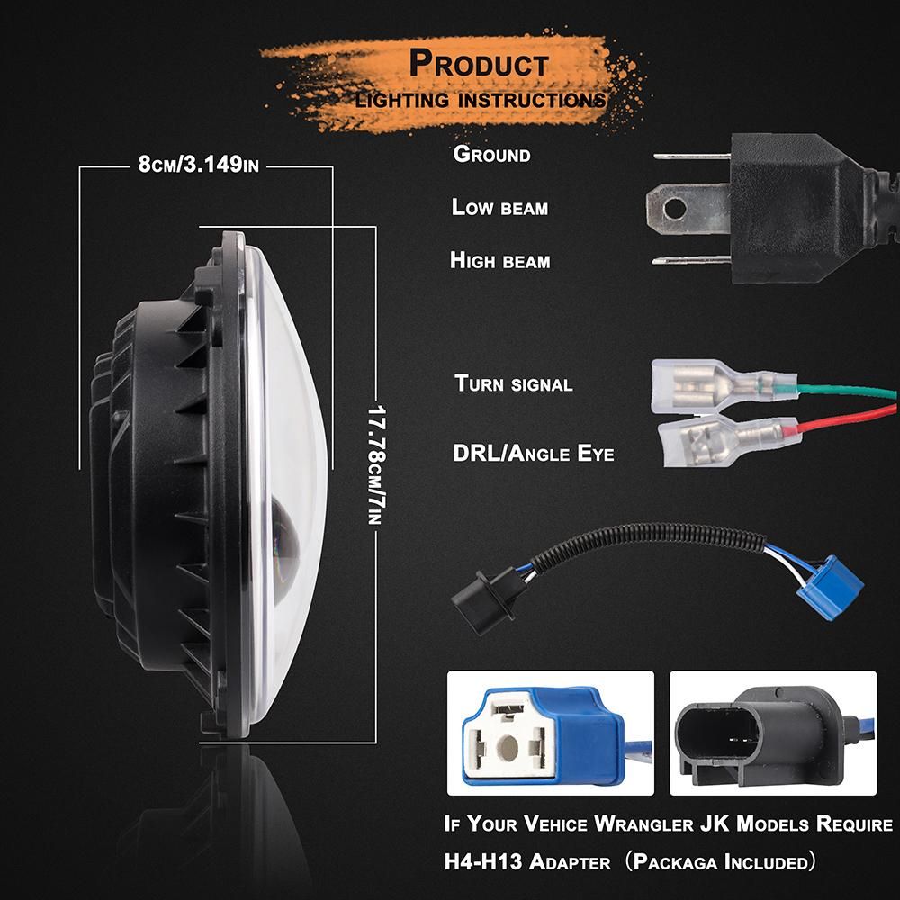 12V/24V Motorcycle Car Headlight 7 inches Round LED Driving Lamp Head Lamp Fit for 7 inches Jeep Wrangler, Retro Turn Signal