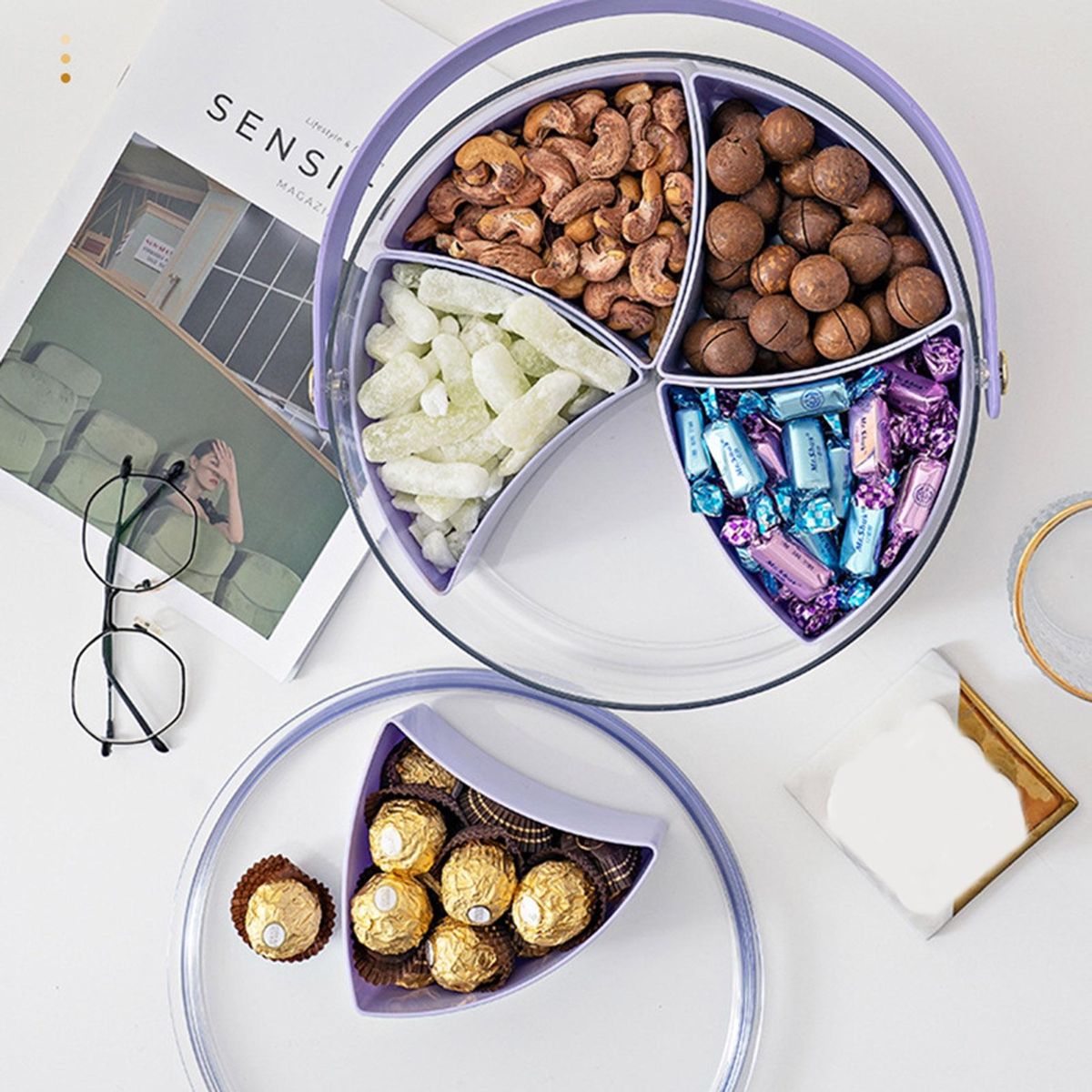 Transparent Snack Tray Portable 5-compartment Snack Tray for Parties Purple