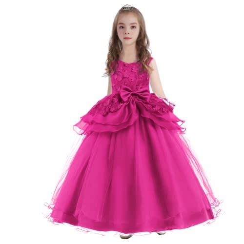 Gir'l's Embroidery Ball Gown With Waist Flare - Deep Pink