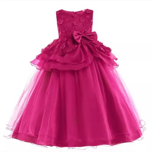 Gir'l's Embroidery Ball Gown With Waist Flare - Deep Pink