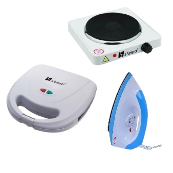 Saisho Bundle (Non-Stick 2 Slice Sandwich Maker/Toaster + Electric hot plate + Dry Iron)