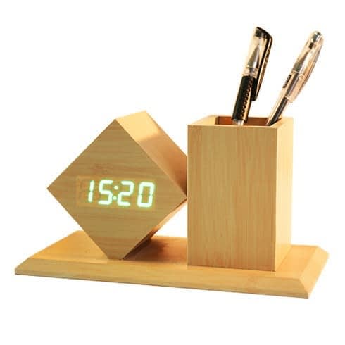 Wooden Digital Alarm Clock With Pen Holder