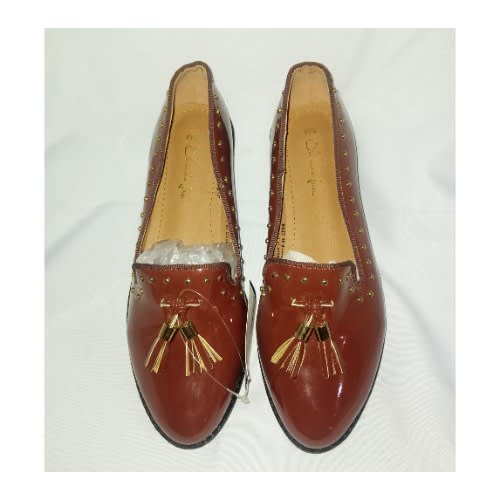 Patent Leather Edge Studded Flat Loafers - Honey Brown