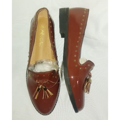 Patent Leather Edge Studded Flat Loafers - Honey Brown