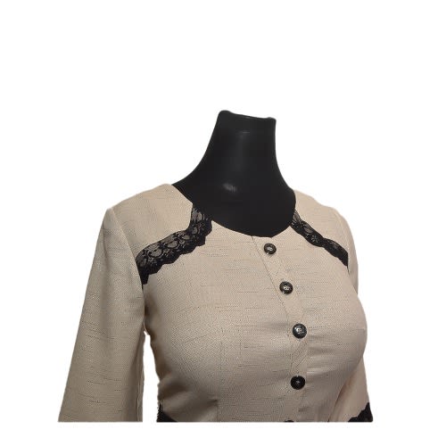 Skater Dress With Black Lace Detail -Beige