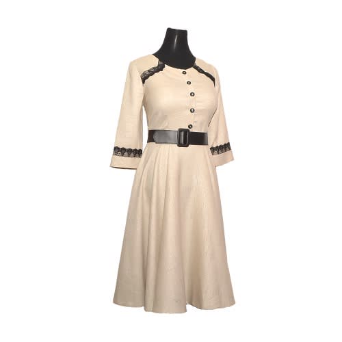 Skater Dress With Black Lace Detail -Beige