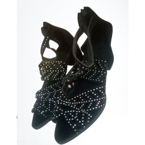 Suede Heeled Sandals With Rhinestone - Black