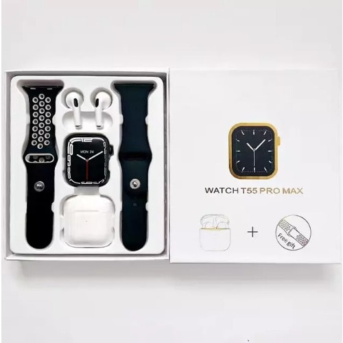 2 In 1 Smart Watch T55 Pro Max With Earbud & Extra Strap For Android & iPhone Black.