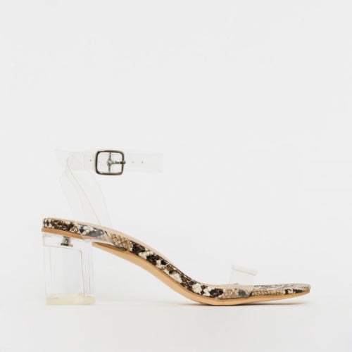 Koko Snake Skin Clear Low Block Heels- Nude