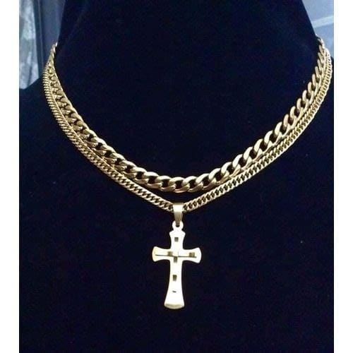 Cross Pendant With 2 Cuban Chains - Gold