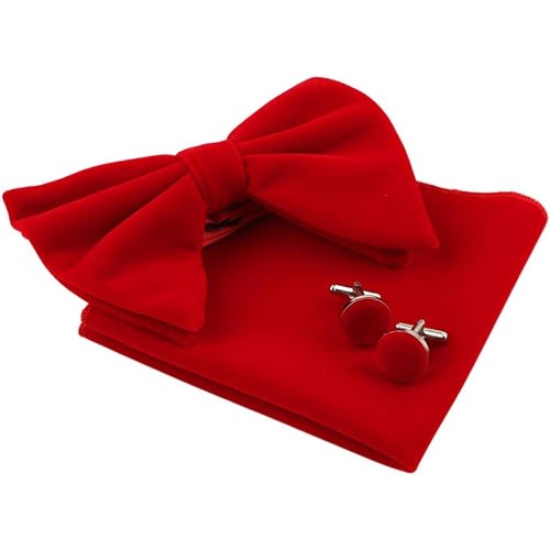 Set Of 3 Velvet Bowties With Cufflinks And Pocket Squares  - Red, Black And Blue