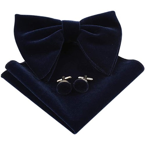 Set Of 3 Velvet Bowties With Cufflinks And Pocket Squares  - Red, Black And Blue