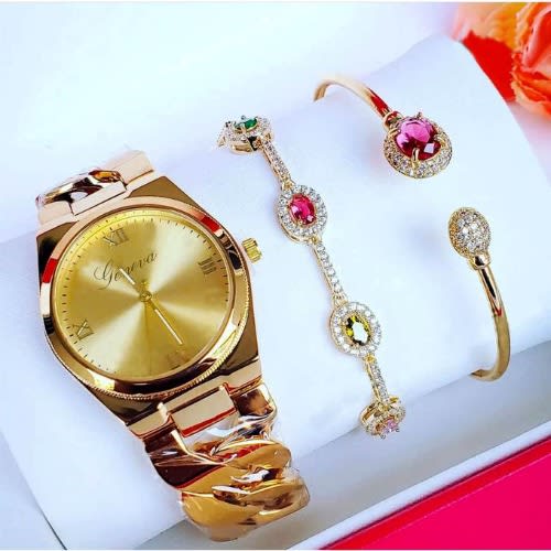 Non Fading Gold Chain Wristwatch + 2 Bracelets