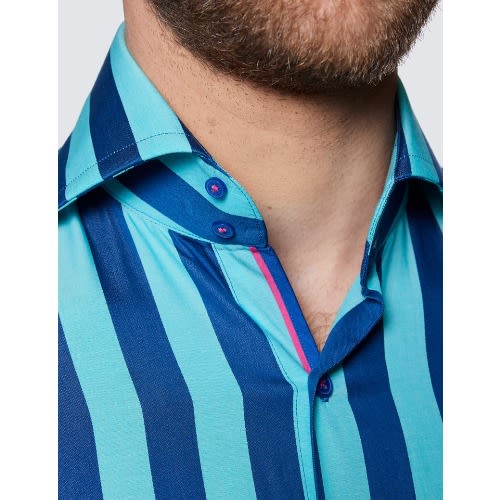 Men's Curtis Turquoise & Navy Bold Strip Slim Fit Shirt - High Collar