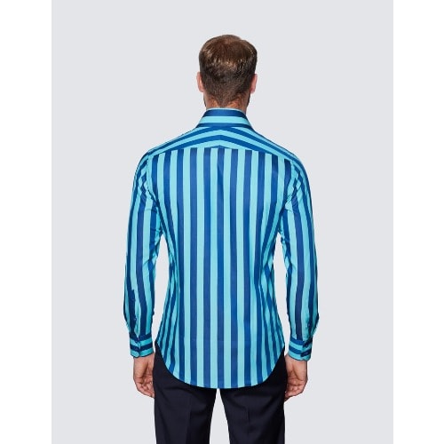 Men's Curtis Turquoise & Navy Bold Strip Slim Fit Shirt - High Collar