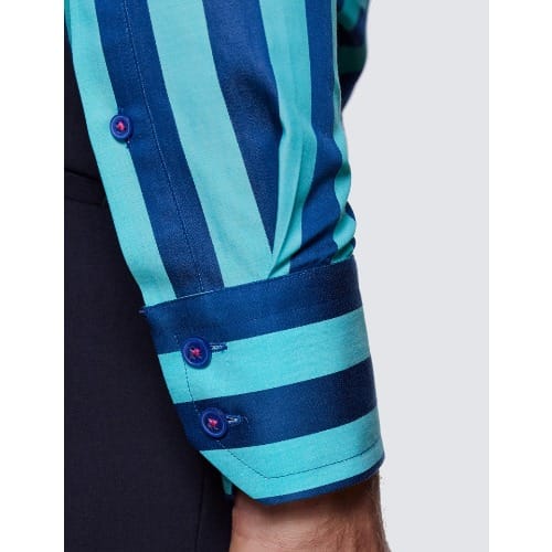 Men's Curtis Turquoise & Navy Bold Strip Slim Fit Shirt - High Collar