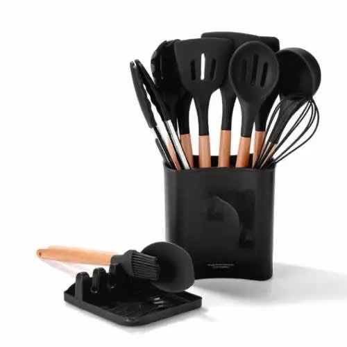 Silicone Non-stick Cooking Utensils Set With Wooden Handle & Spoon Rest - Black - 13pieces