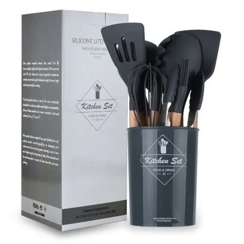 Silicone Non-stick Cooking Utensils Set With Wooden Handle & Spoon Rest - Black - 13pieces
