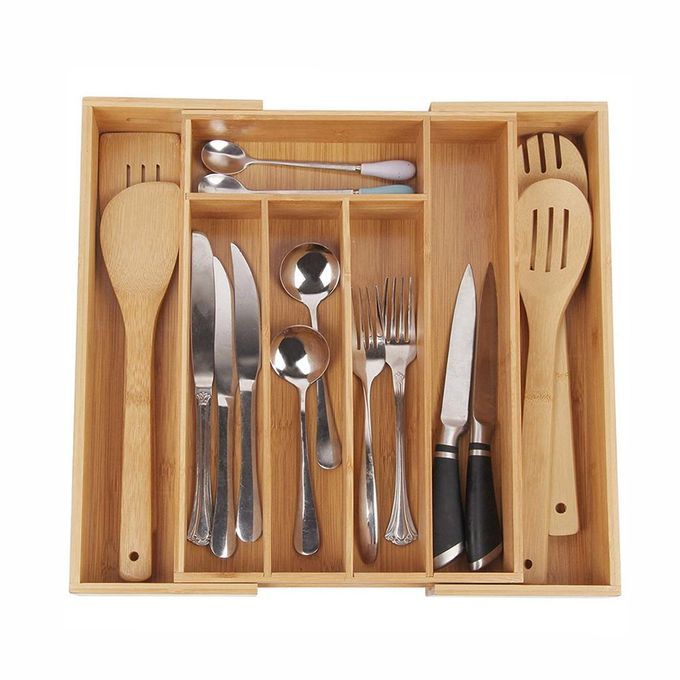 BAMBOO KITCHEN DRAWER ORGANIZER EXPANDABLE SILVERWARE ORGANIZER