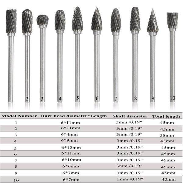10Pcs 6mm 1/8inch Tungsten Steel Solid Carbide Burrs Die Grinder Rotary Drill Bit Rotary Tool