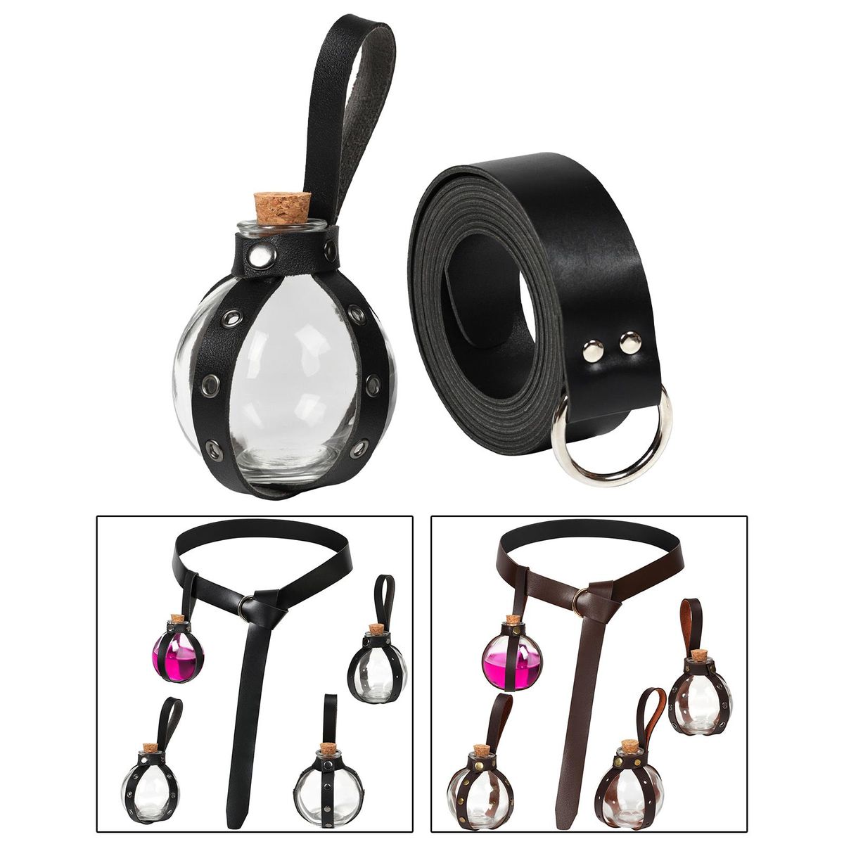 Belt PU Leather Belt With Potion Bottle Rings Black