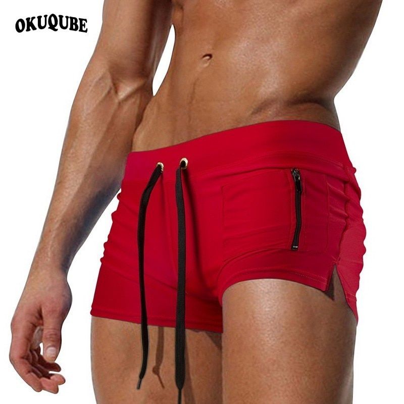 Men Swimsuit Solid Black Red Blue Swimwear