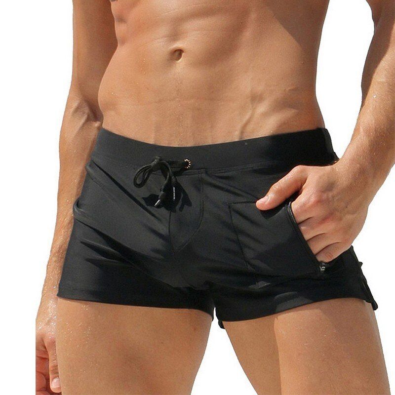 Men Swimsuit Solid Black Red Blue Swimwear