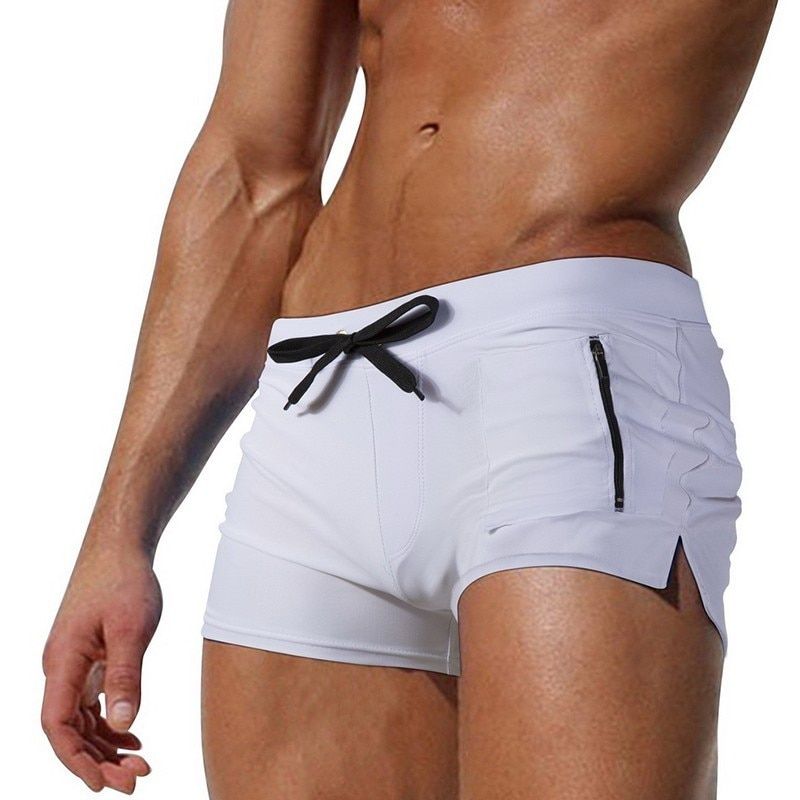 Men Swimsuit Solid Black Red Blue Swimwear