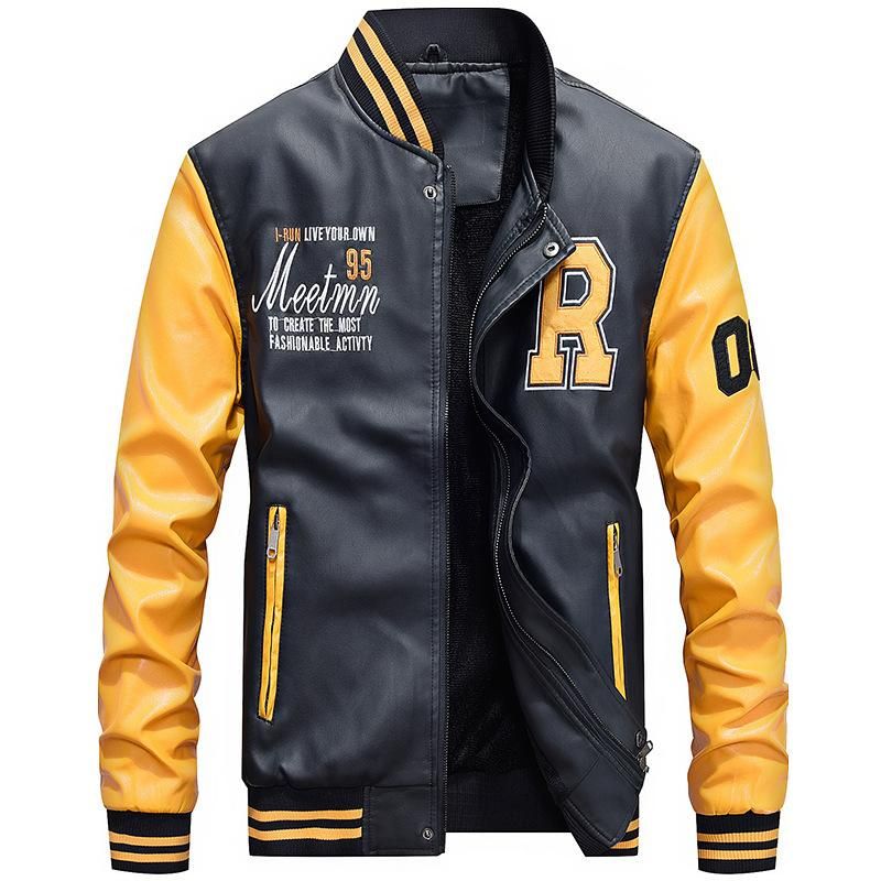 Men's Jacket Faux Leather  Casual Bomber Jacket - Yellow